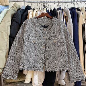 Gray Tweed Fringe Button Jacket Blazer Coat